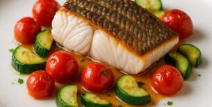 Ombrina al Vino Bianco, Pomodorini e Zucchine