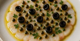 Carpaccio tiepido di Ombrina con Salse Mediterranee