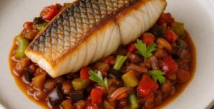 Ombrina scottata con Caponata di Verdure