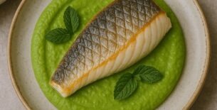 Filetto di Ombrina con Vellutata di Piselli e Menta