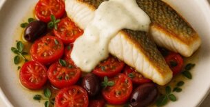 Ombrina alla Mediterranea con Feta e Olive