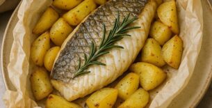 Ombrina al Cartoccio con Patate e Rosmarino