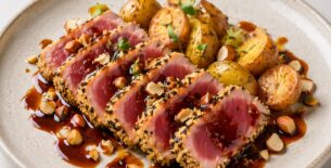 Tataki di Tonno al Sesamo con Patate Arrosto, Salsa Teriyaki e Mandorle Tostate