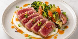Tataki di Tonno con Verdure Brasate, Crema di Yogurt e Riduzione all’Arancia